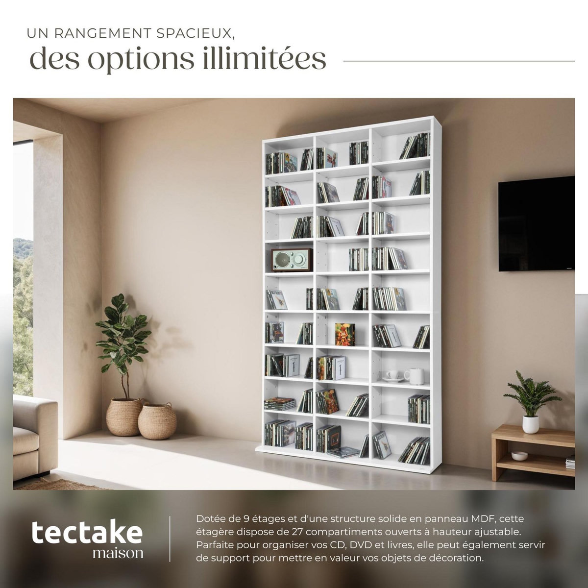 tectake Étagère DVD CD aspect bois blanc