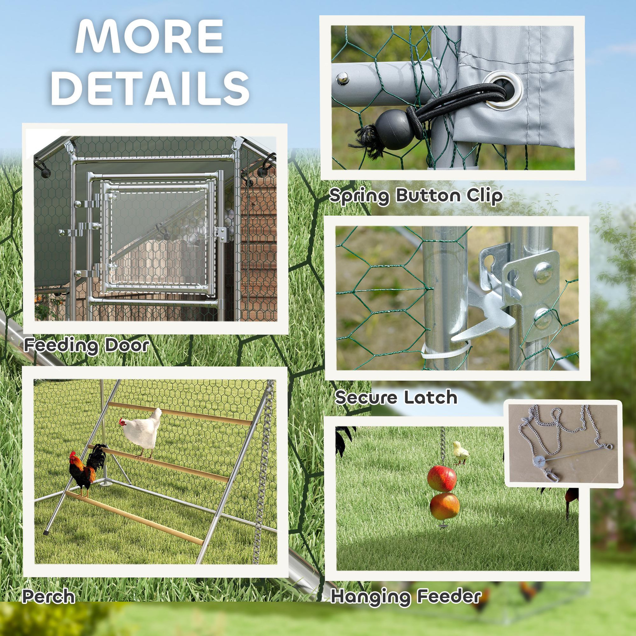 Voir la diapositive 4 : PAWHUT Enclos poulailler 6 m² entièrement couvert - perchoir, mangeoire à suspendre, porte, bâche - 3 x 2 x 1,95 m - acier gris