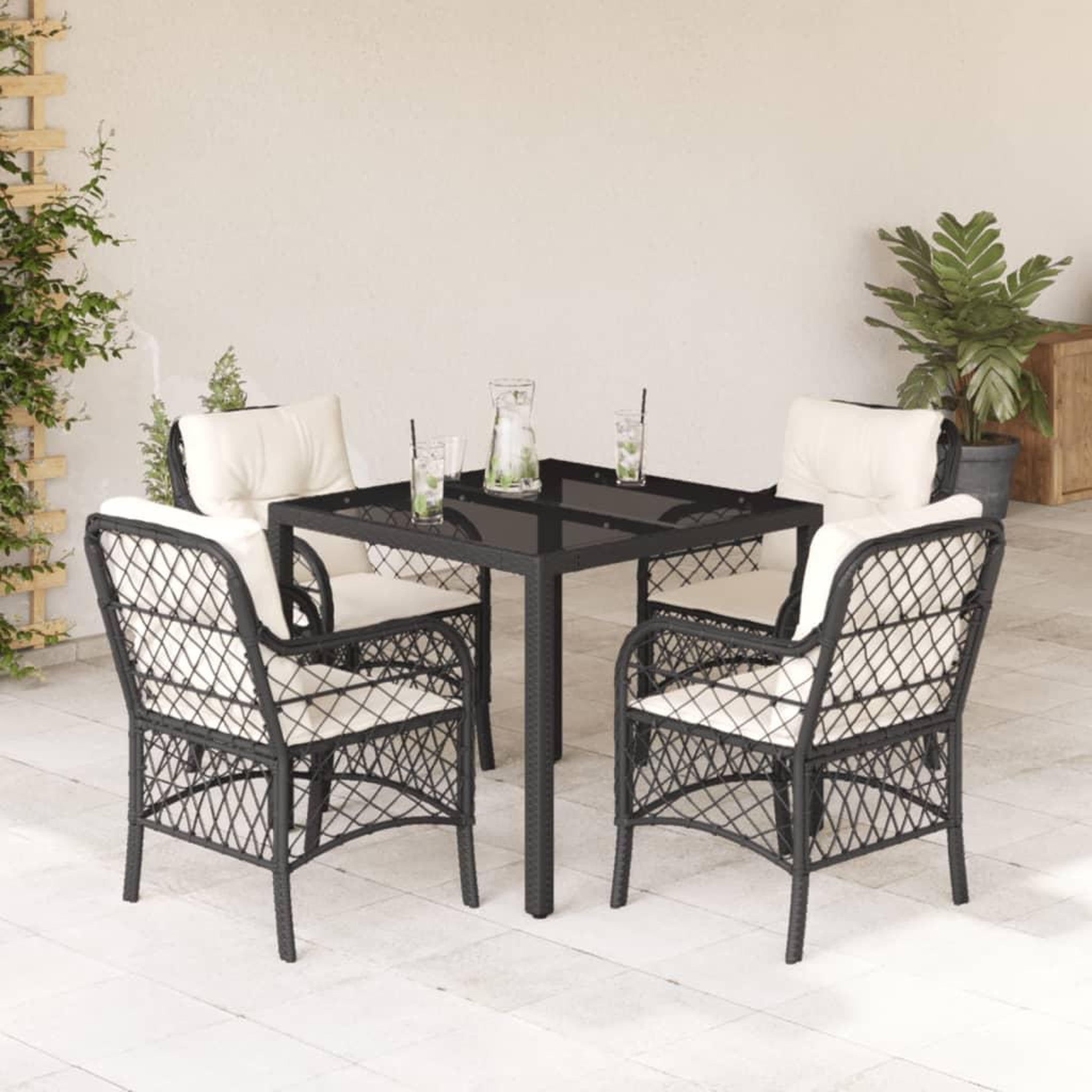 VIDAXL Ensemble a manger de jardin coussins 5pcs Noir Resine tressee