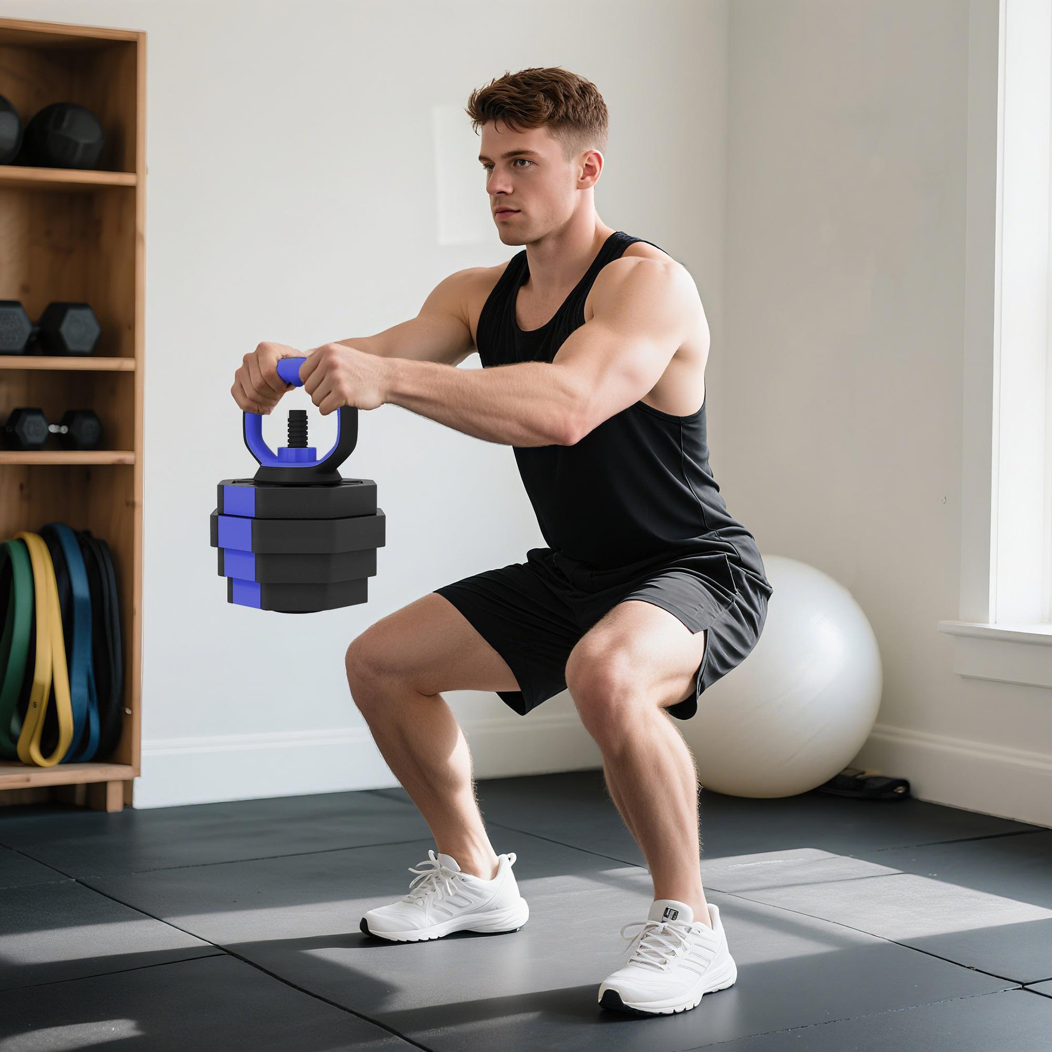 Voir la diapositive 4 : HOMCOM Ensemble d'haltères musculation multifonction 4 en 1 - haltères, kettlebell, push-up support, olympic barre - total 25kg - pvc bleu noir