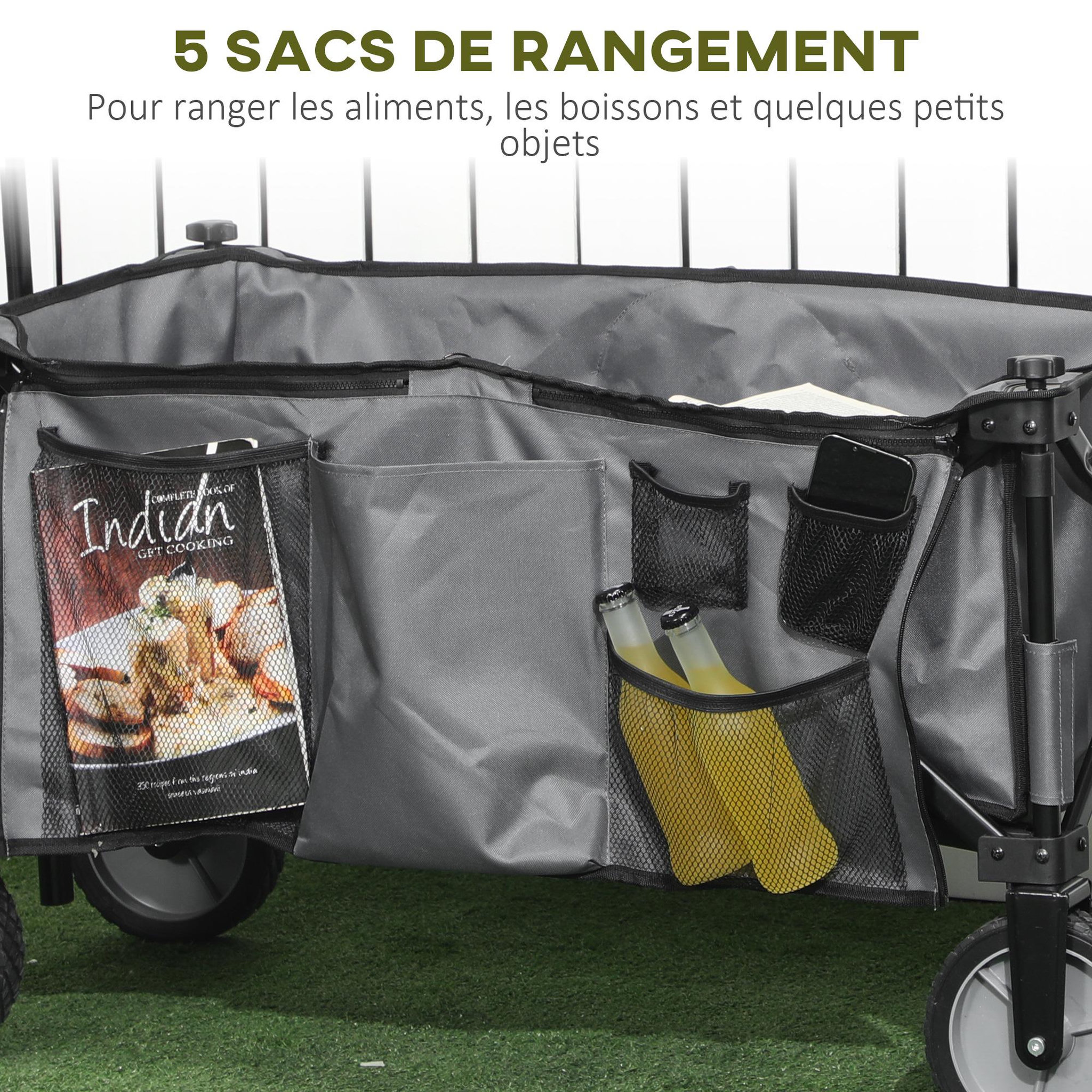 Voir la diapositive 6 : OUTSUNNY Chariot de jardin pliable 4 roues - bâche amovible, poignée télescopique réglable, 5 pochettes rangement - acier polyester gris