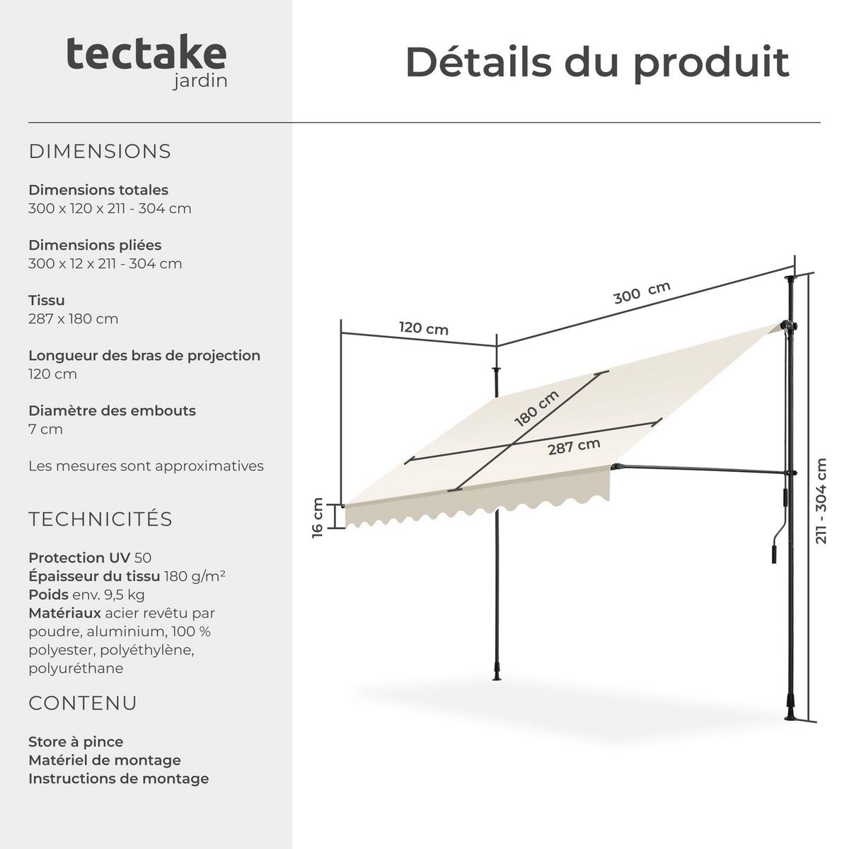 tectake Store à pince sans perçage avec manivelle beige 300 x 180 cm