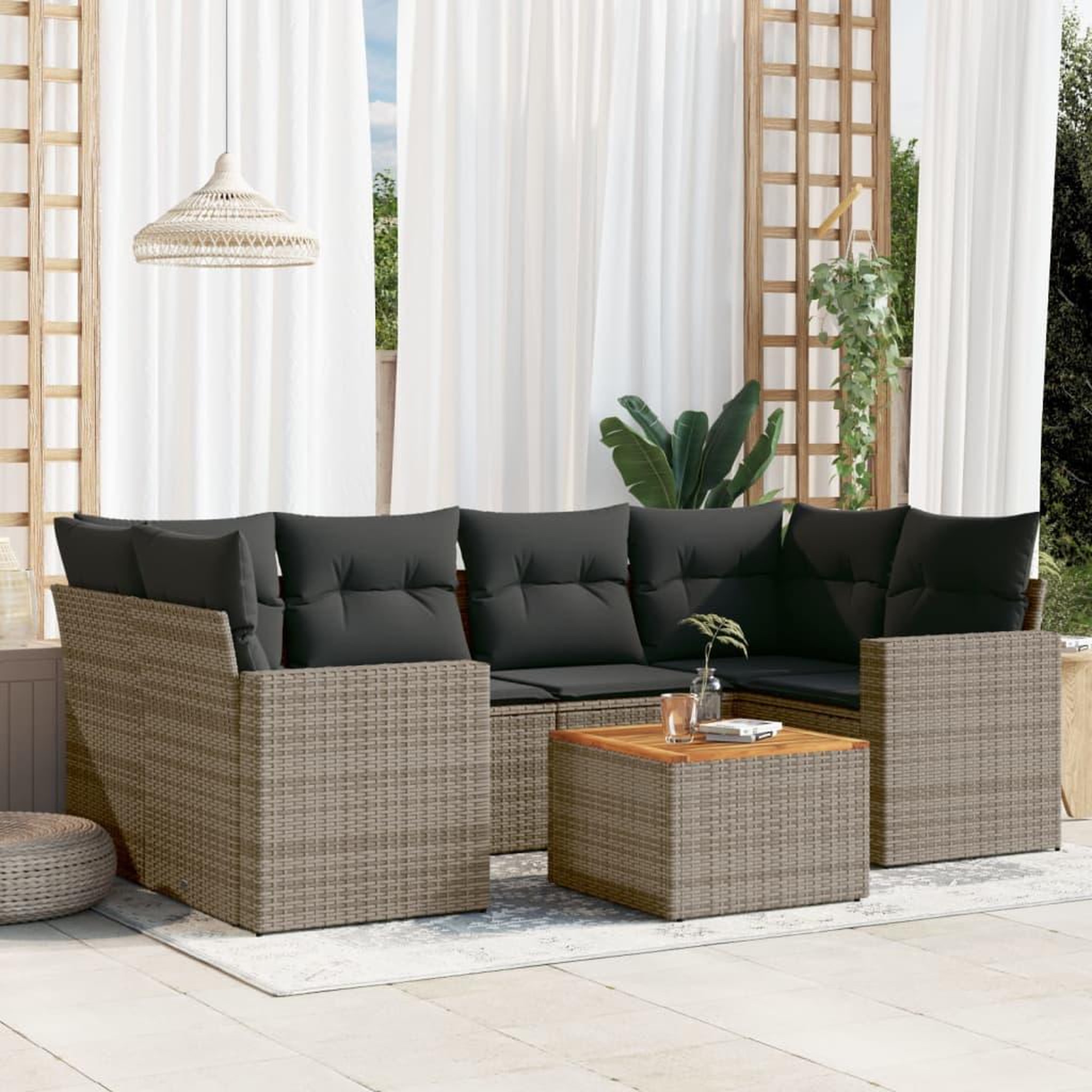 VIDAXL Salon de jardin avec coussins 7 pcs gris resine tressee
