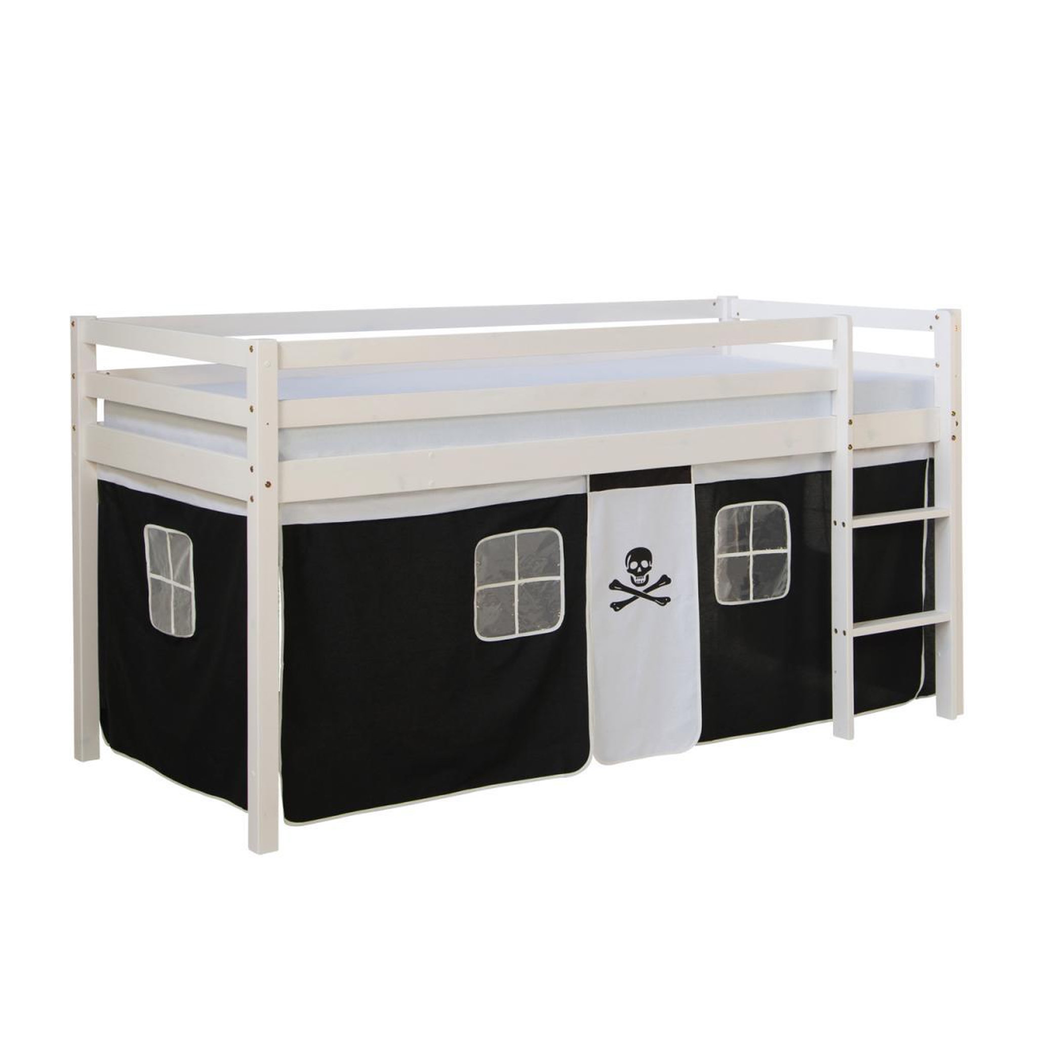 Voir la diapositive 3 : HomeStyle4U Lit mi- haut Blanc 90x200 en hauteur avec echelle et rideau Pirate