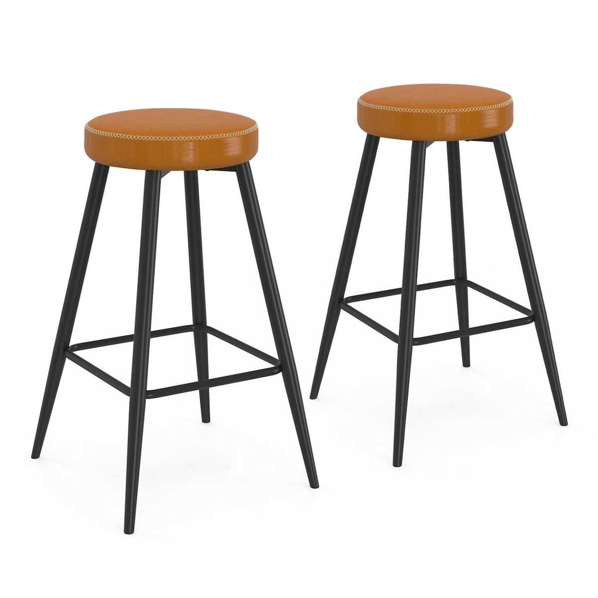 ID MARKET Lot de 2 tabourets de bar ISAURE marron avec coutures et pieds en métal noir