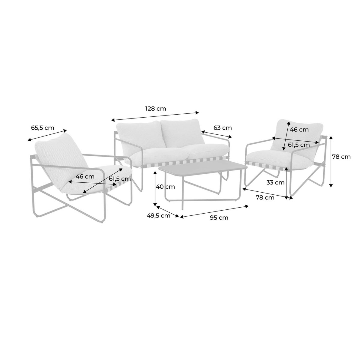 SWEEEK Salon de jardin 4 places avec table en métal, avec dossier et assise maintenus par des sangles