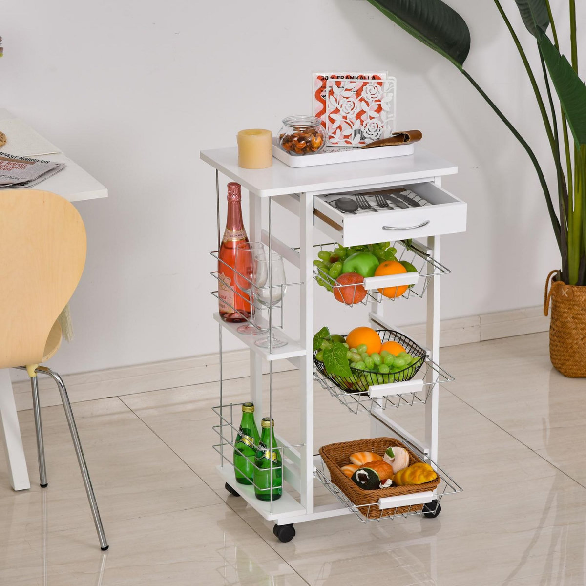 HOMCOM Chariot de service desserte de cuisine à roulettes multi-rangements 3 paniers métal tiroir + 2 range-bouteilles bois pin