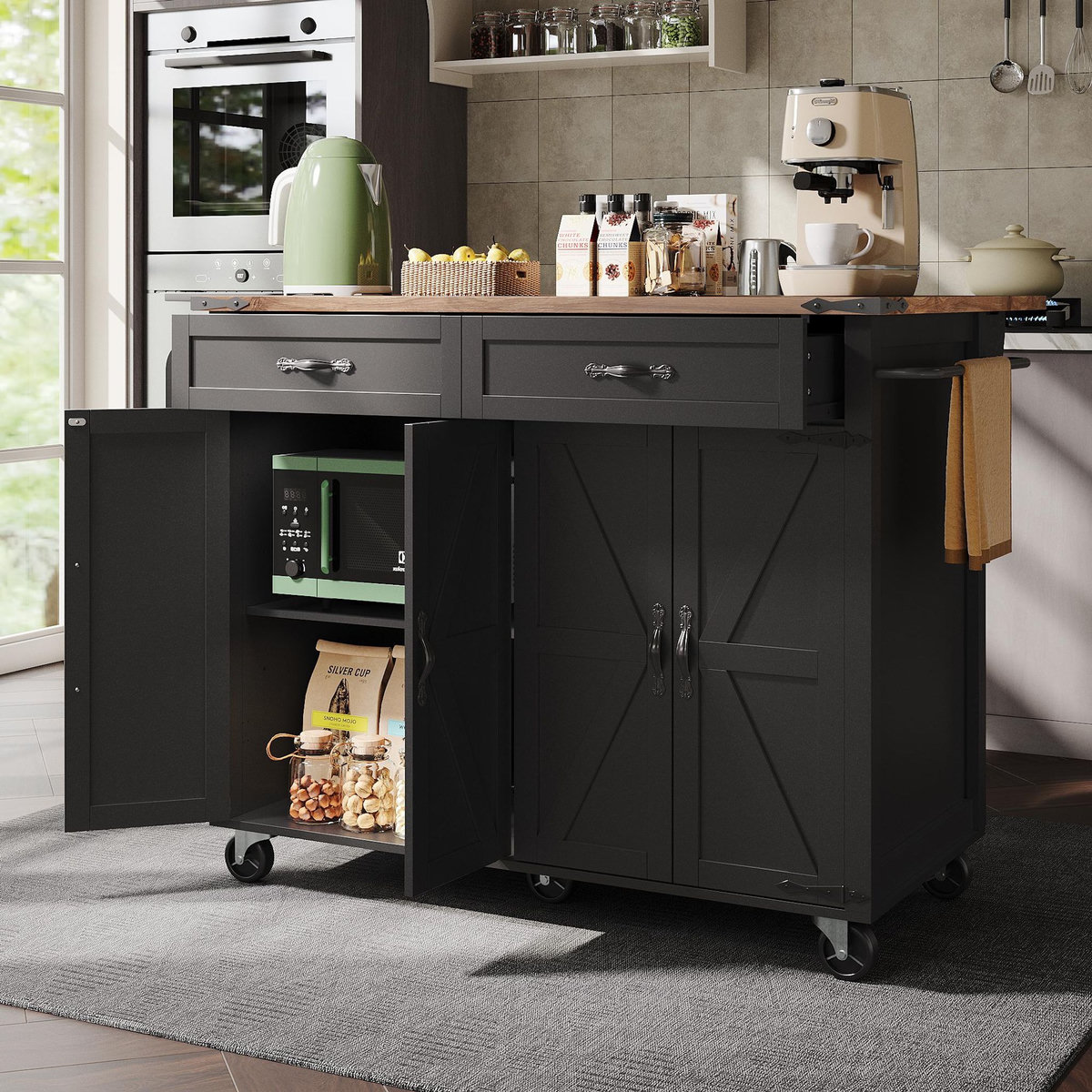 MERAX Desserte 4 portes 2 tiroirs coloris noir mdf