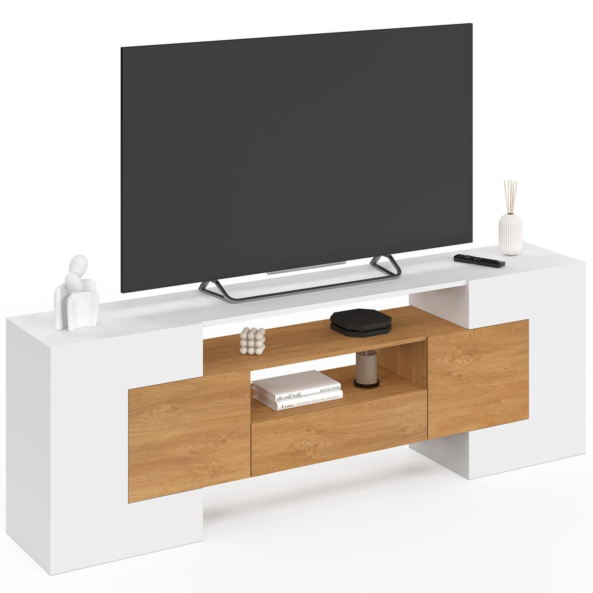 ID MARKET Meuble TV XXL 180 cm MARIO 4 portes et 1 tiroir bois et blanc
