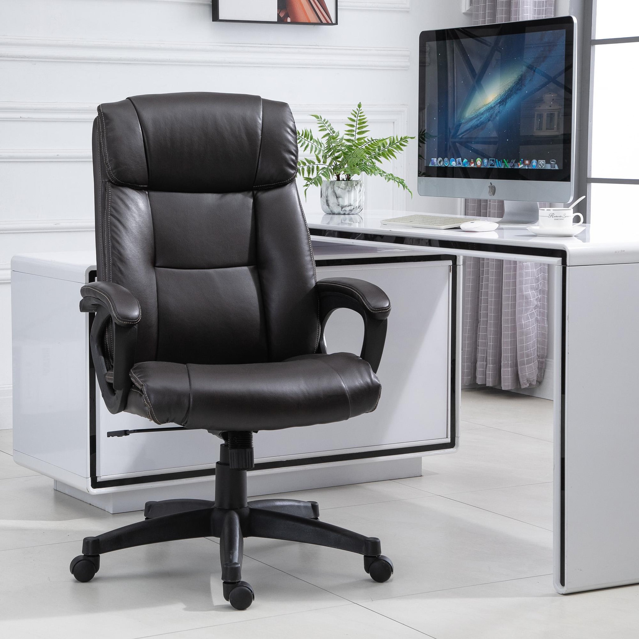 Voir la diapositive 4 : HOMCOM Fauteuil de bureau chaise de bureau ergonomique réglable roulettes pivotant 360° revêtement synthétique PU 64 x 73 x 106-115,5 cm chocolat