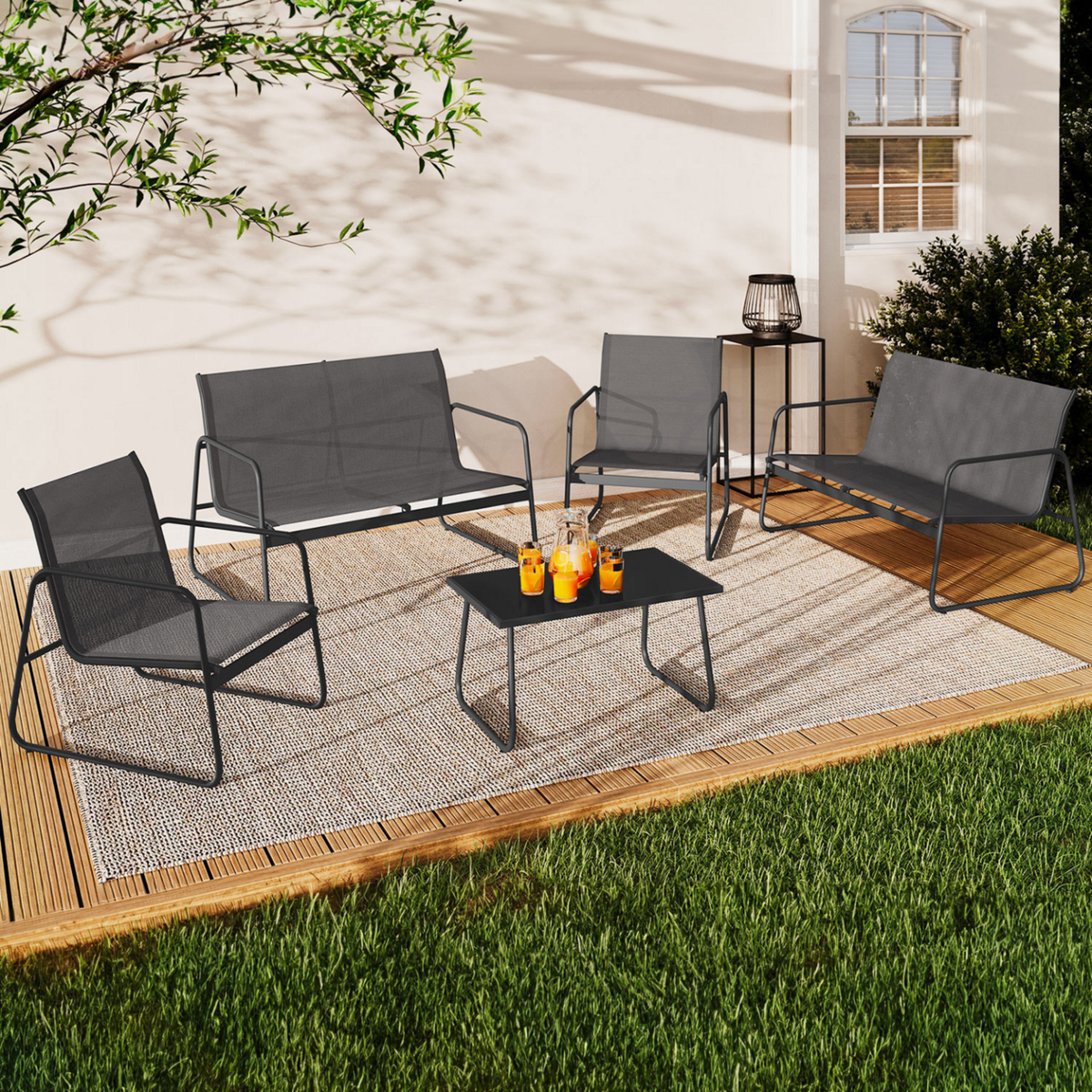 ID MARKET Salon de jardin bas MALAGA 6 places avec canapés, fauteuils et table gris anthracite