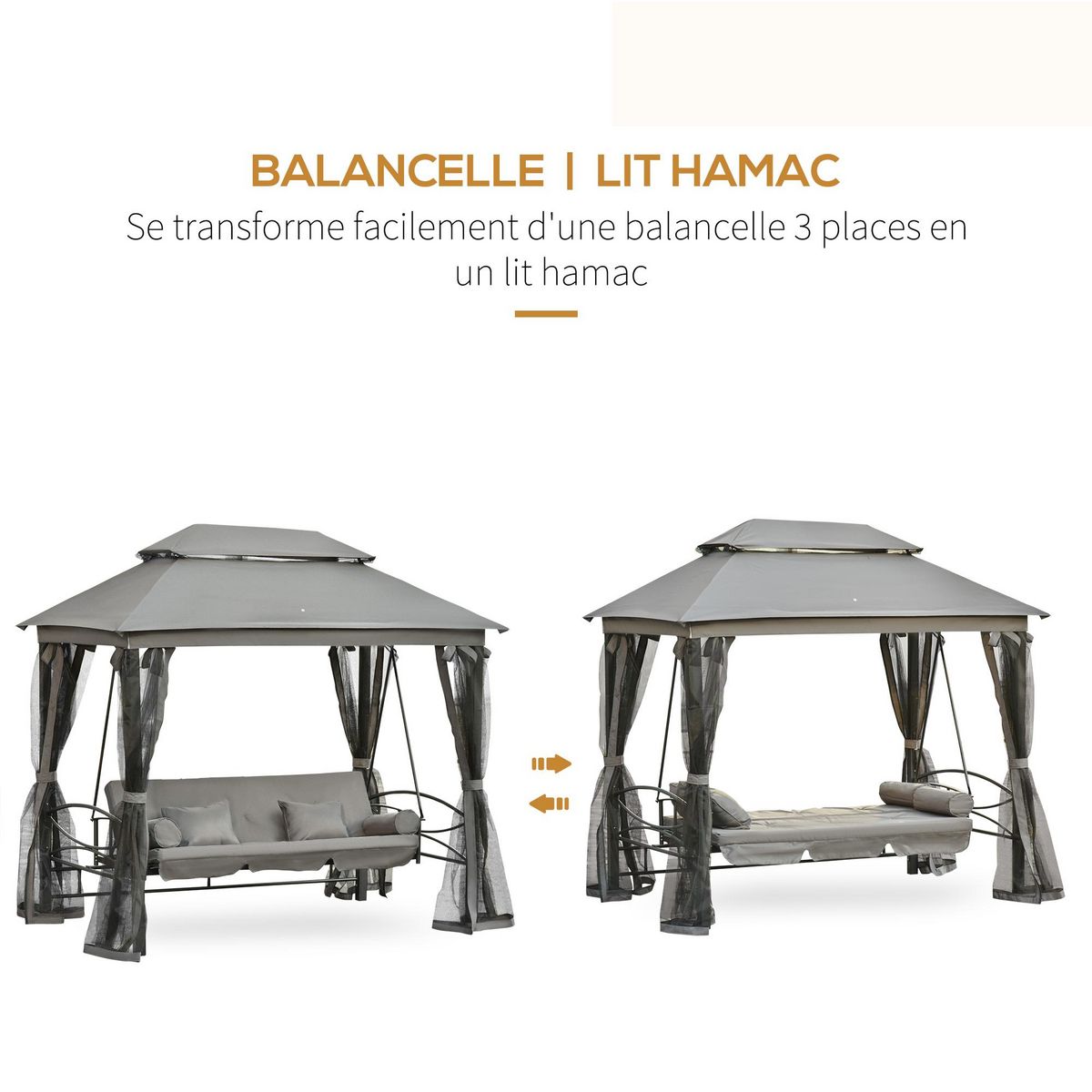OUTSUNNY Balancelle de jardin 3 places convertible style colonial grand confort 5 coussins + matelas + moustiquaires inclus 2,56L x 1,72l x 2,48H m gris