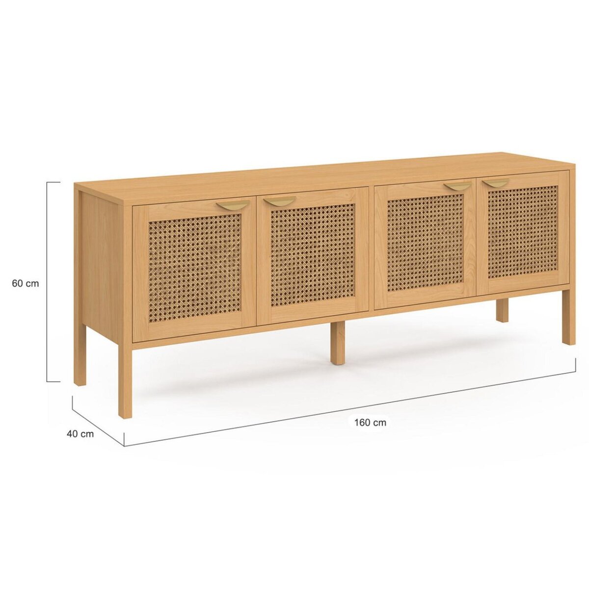 ID MARKET Buffet bas 160 cm EDHEN 4 portes bois et cannage