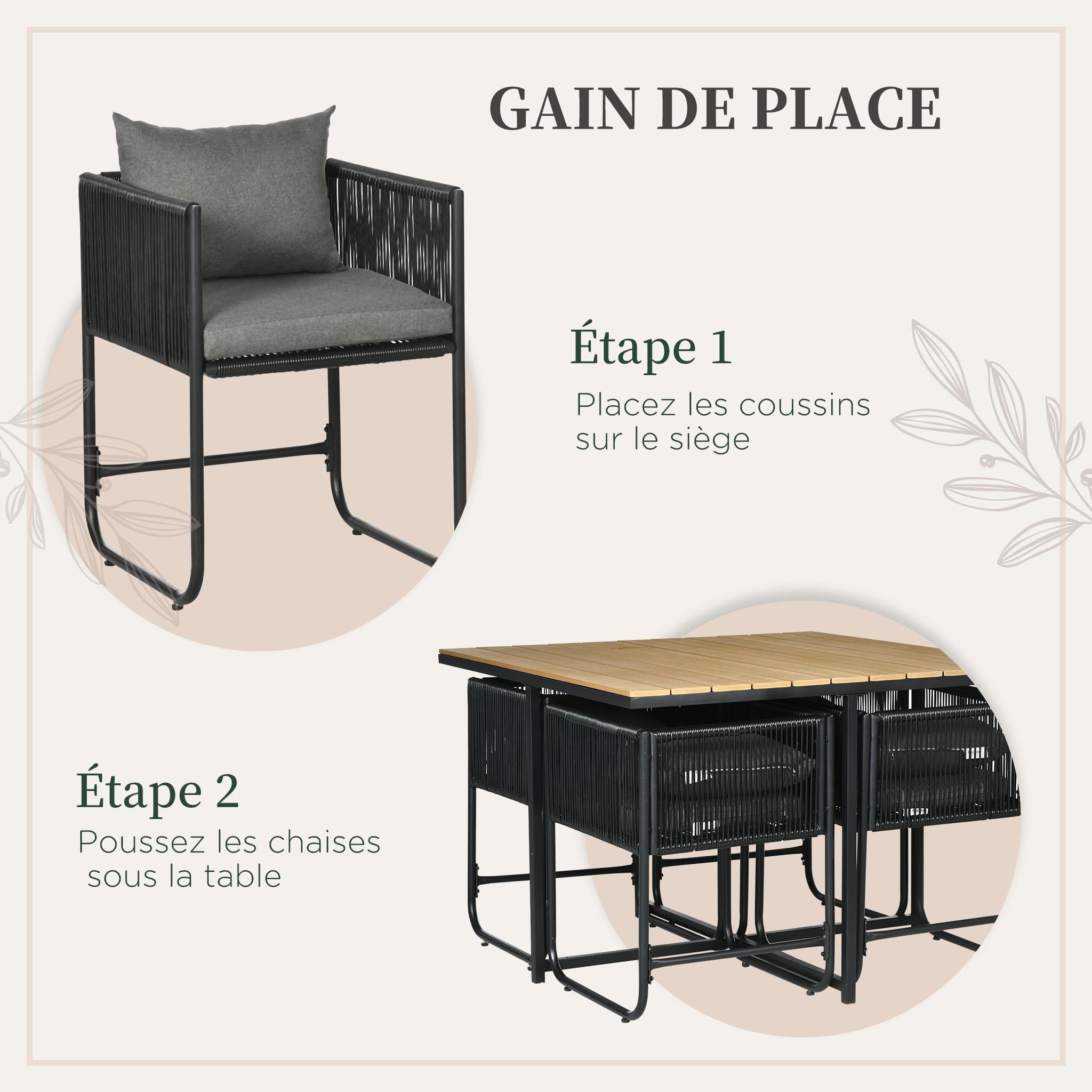 Voir la diapositive 6 : OUTSUNNY Salon de jardin 4 personnes encastrable avec coussins zippés déperlants métal résine noir effet bois