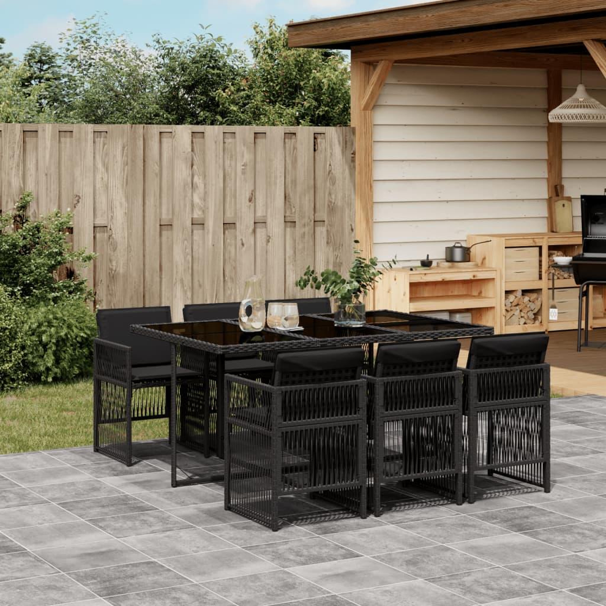 VIDAXL Ensemble a manger de jardin coussins 7pcs Noir Resine tressee
