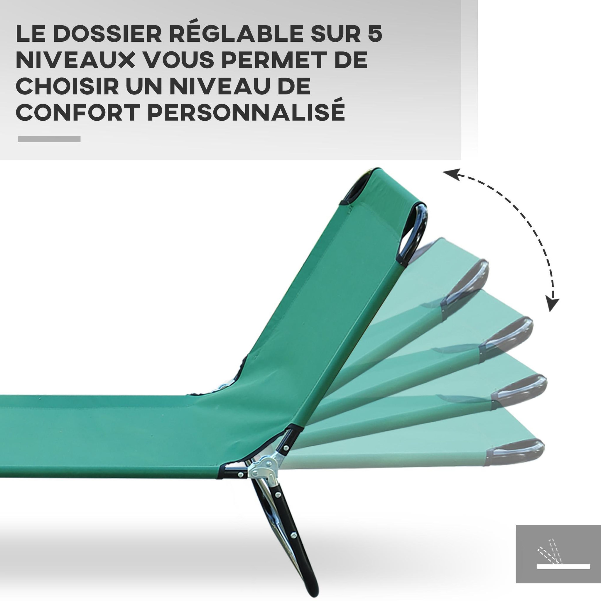 Voir la diapositive 5 : OUTSUNNY Bain de soleil transat pliable inclinable 5 positions acier noir tissu Oxford vert