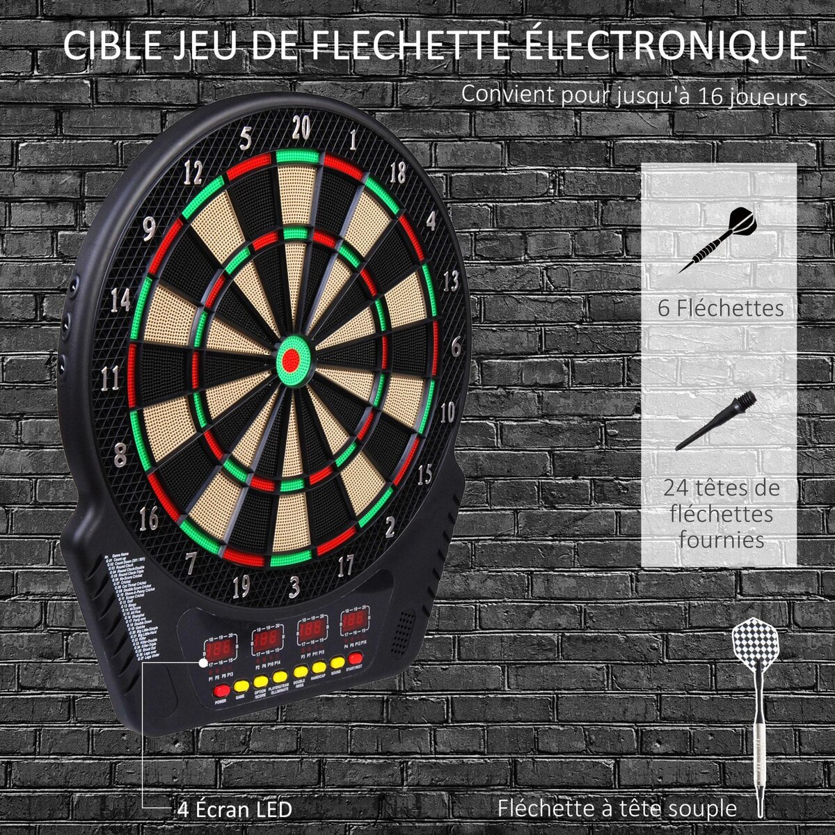 HOMCOM Cible jeu de flechettes électronique professionnel 243 jeux variés noir