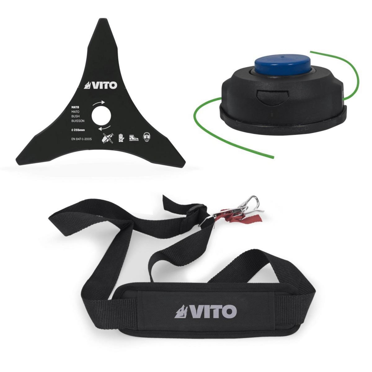 VITO Débroussailleuse et Coupe bordure 40V 2 Batteries Lithium 4Ah + Chargeur Double Lame 3 dents Bobine de fil nylon et Harnais VITO