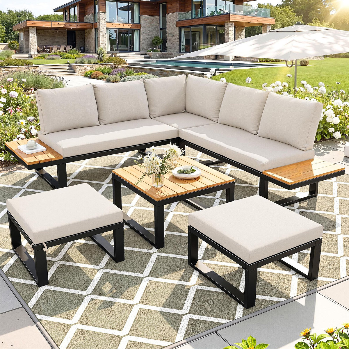 MERAX Salon de jardin 7 places avec, canapé angle, dossier réglable, poufs et table