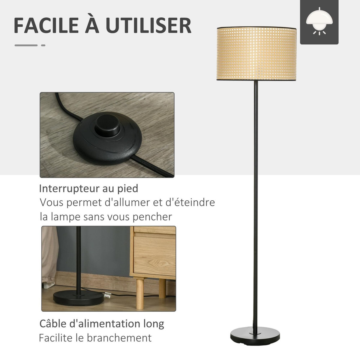 HOMCOM Lampadaire cannage style cosy 40 W max. H.153 cm piètement mât noir abat-jour cannage