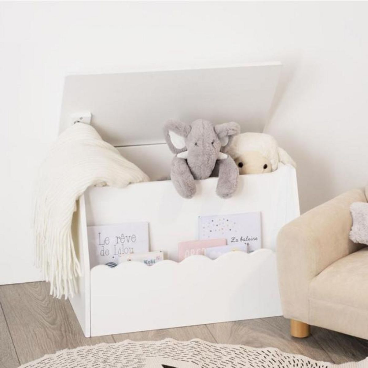 Atmosphera Kids Coffre &#xE0; Jouets en Bois  Biblio  57cm Blanc