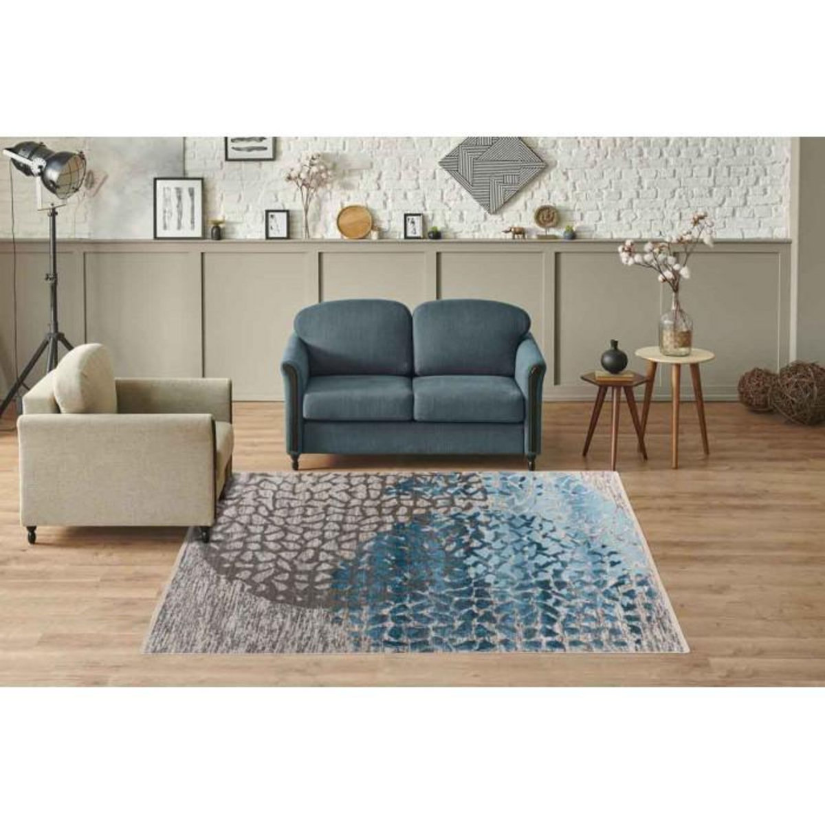 Paris Prix Tapis Tissé Imprimé à Poils Courts  Dilan  Bleu