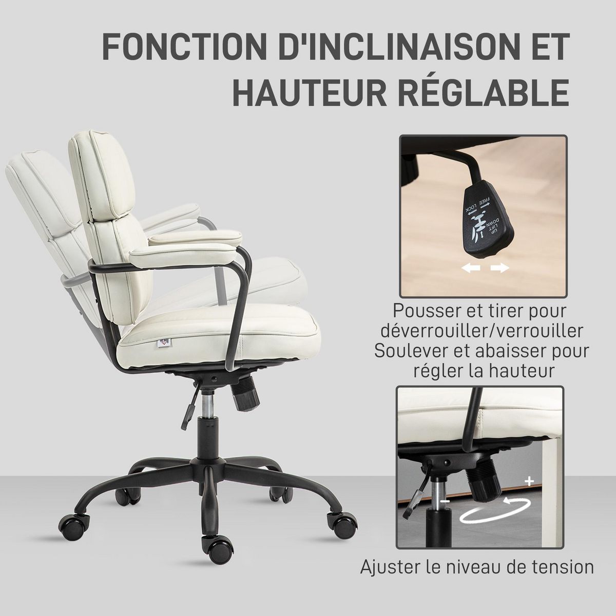 HOMCOM Chaise de bureau design néo-rétro - double dossier accoudoirs rembourrés - acier noir synthétique crème