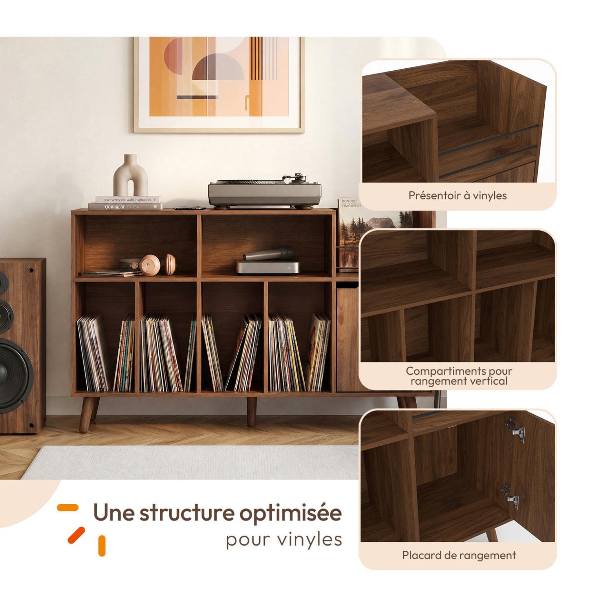 Voir la diapositive 3 : ID MARKET Meuble d'appoint, buffet de rangement avec étagères, supports vinyles, platine et placard 130 cm SIENNA vintage effet noyer