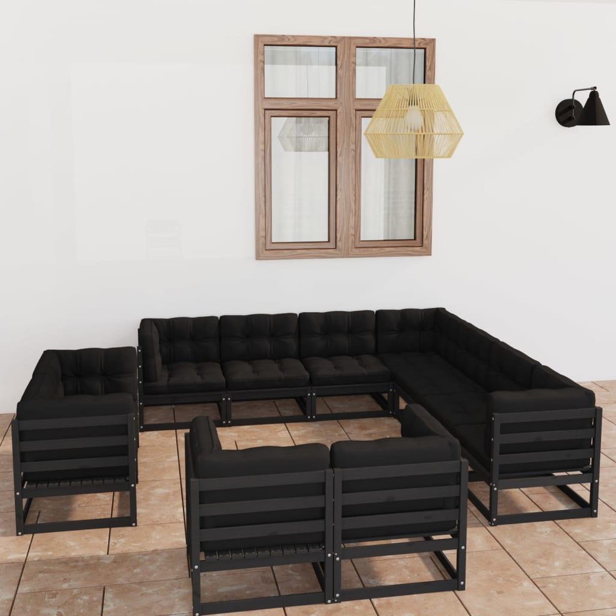 Voir la diapositive 1 : VIDAXL Salon de jardin 11 pcs avec coussins Noir Bois de pin massif