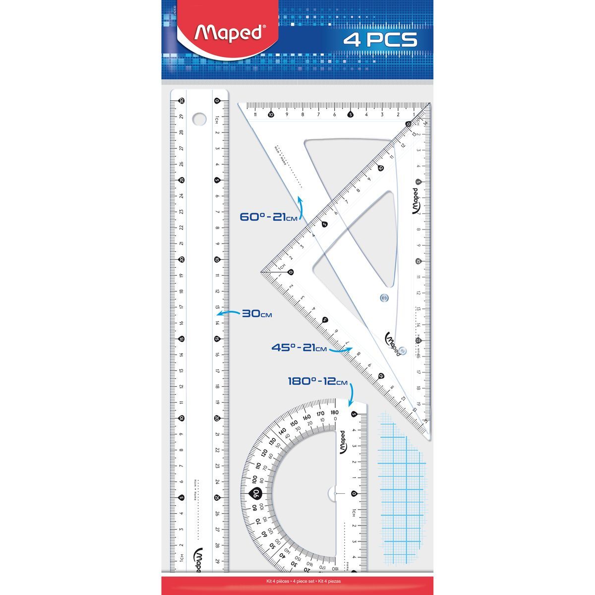 MAPED Set de traçage 4 pièces règle + équerre + rapporteur + triangle en plastique