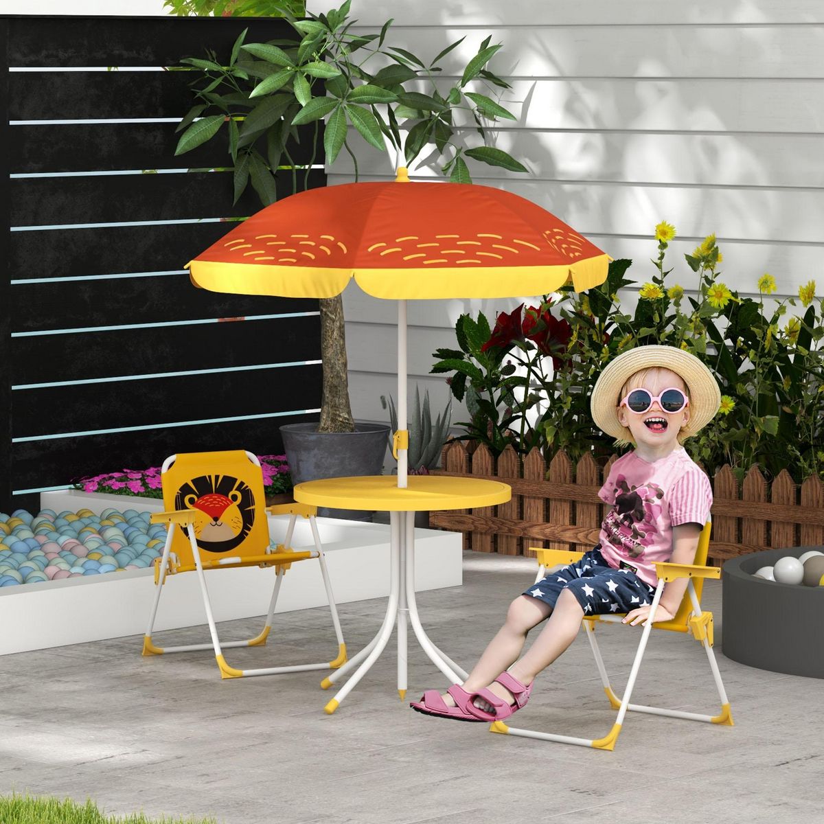 OUTSUNNY Ensemble salon de jardin enfant 4 pcs design lion - chaises pliables - métal polyester jaune rouge