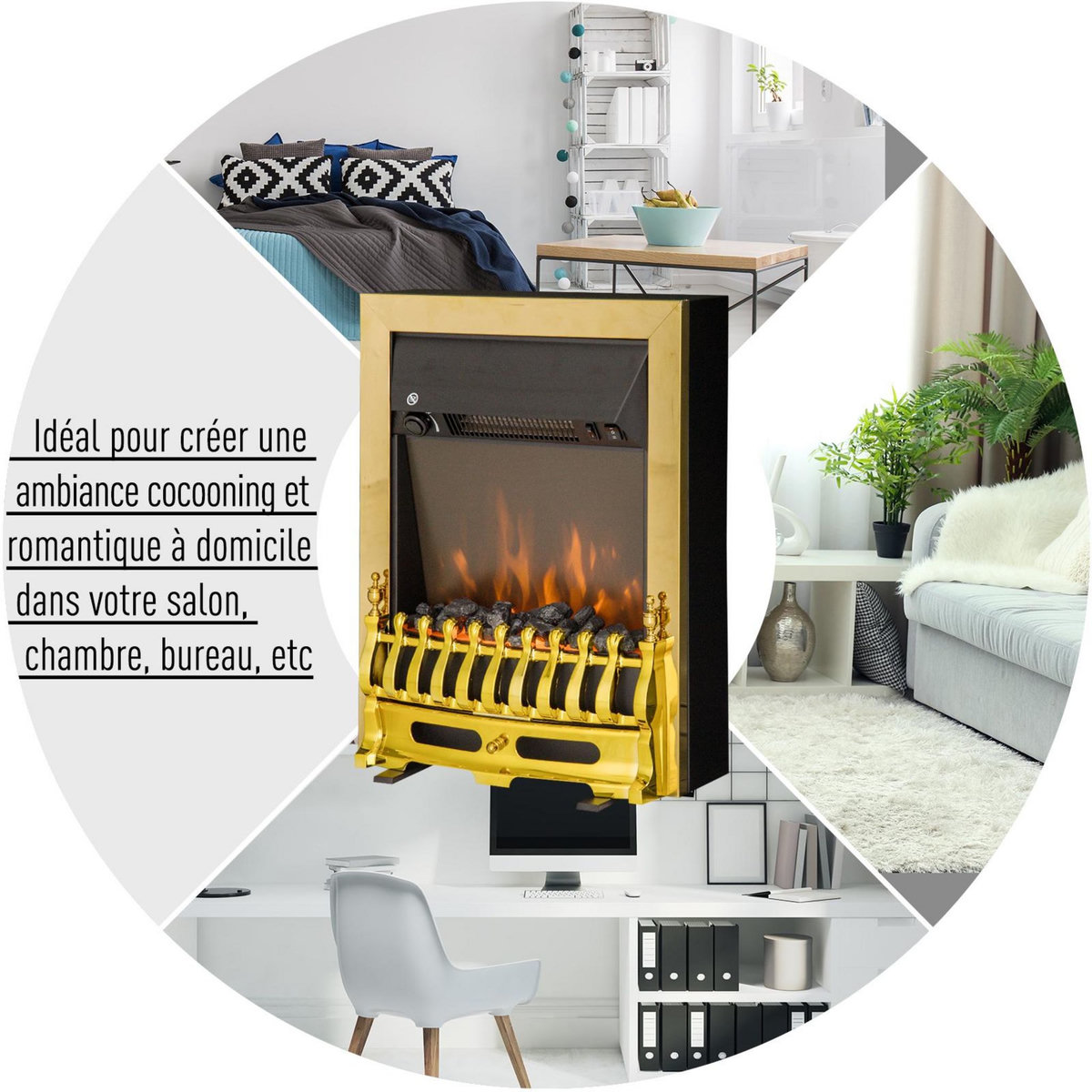 HOMCOM Cheminée électrique style néo rétro thermostat 1000-2000 W noir or