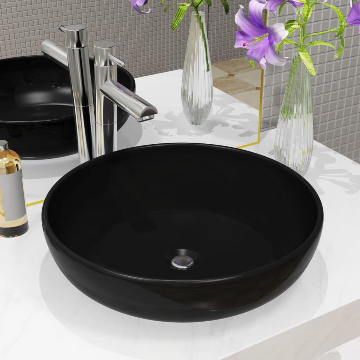 VIDAXL Lavabo rond ceramique noir 42x12 cm
