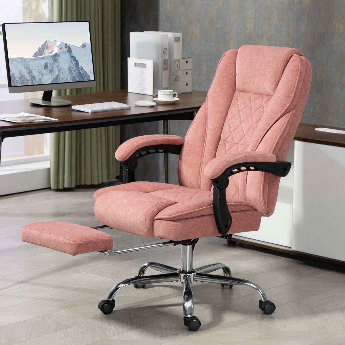 VINSETTO Fauteuil de bureau manager massant chauffant inclinable réglable télécommande repose-pieds rétractable velours rose poudré