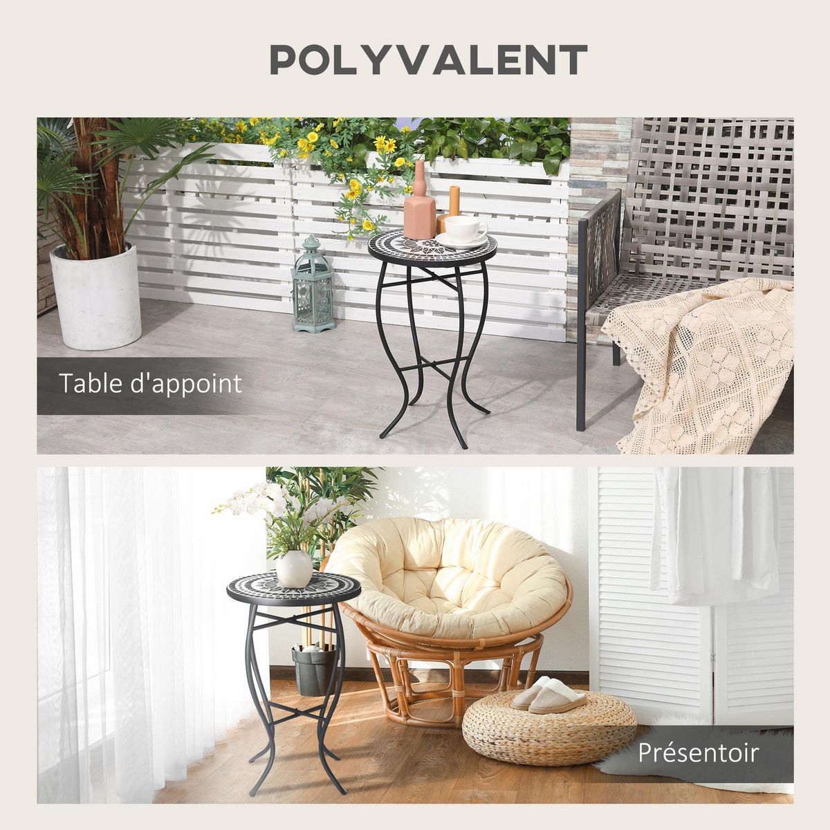 OUTSUNNY Table ronde style fer forgé bistro plateau mosaïque céramique métal époxy anticorrosion noir blanc