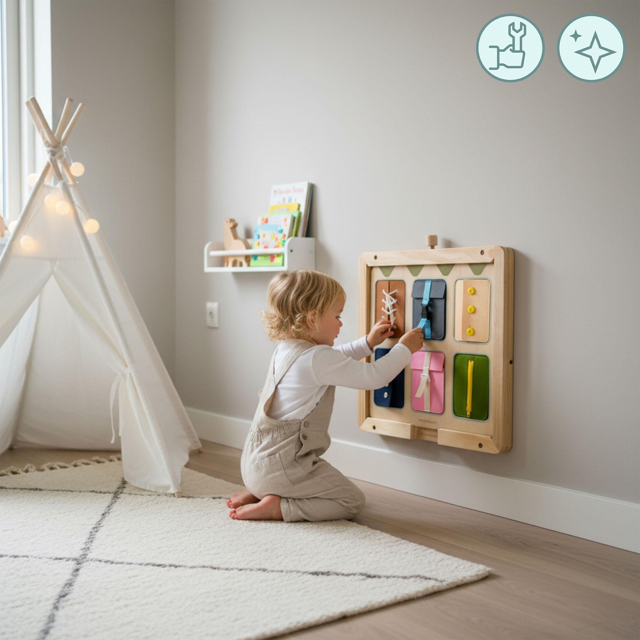 Voir la diapositive 4 : MAMABRUM Cadre Mural Bois Mamabrum Fixation Tableau Educatif 52x55 cm Pin Naturel 18M+