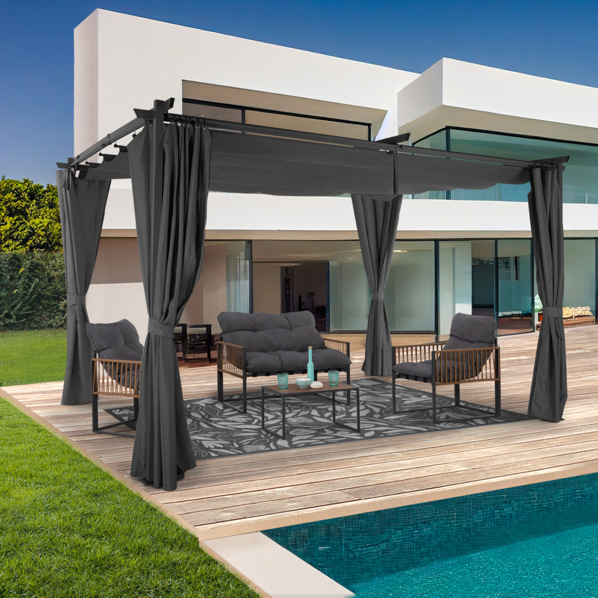 ID MARKET Pergola édition limitée toit rétractable 3x4 M et 4 rideaux gris anthracite