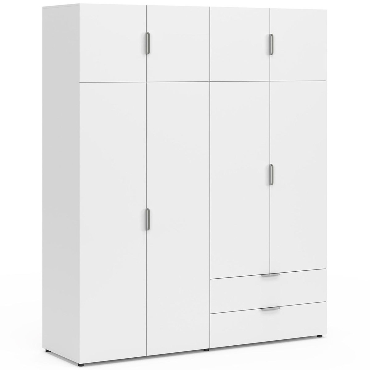 ID MARKET Armoire 4 portes MINA blanc penderie 160 cm avec 2 rangements hauts et 2 tiroirs