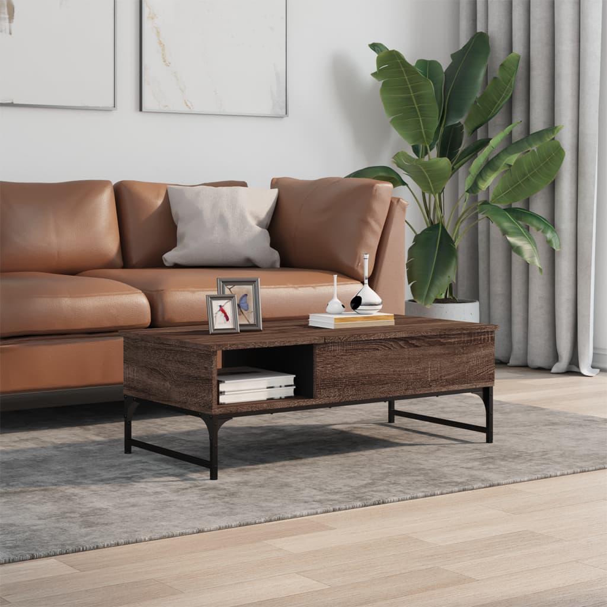 Voir la diapositive 3 : VIDAXL Table basse chene marron 100x50x35cm bois d'ingenierie et metal