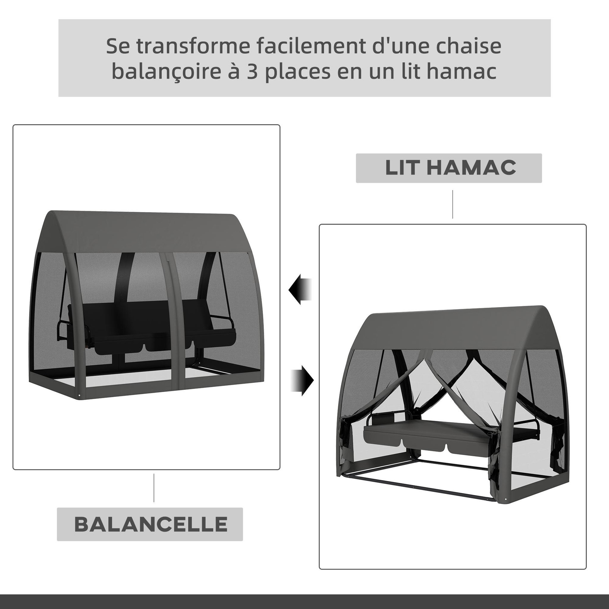 Voir la diapositive 5 : OUTSUNNY Balancelle de jardin convertible 3 places - matelas assise dossier, moustiquaire intégrale, toit - métal polyester gris