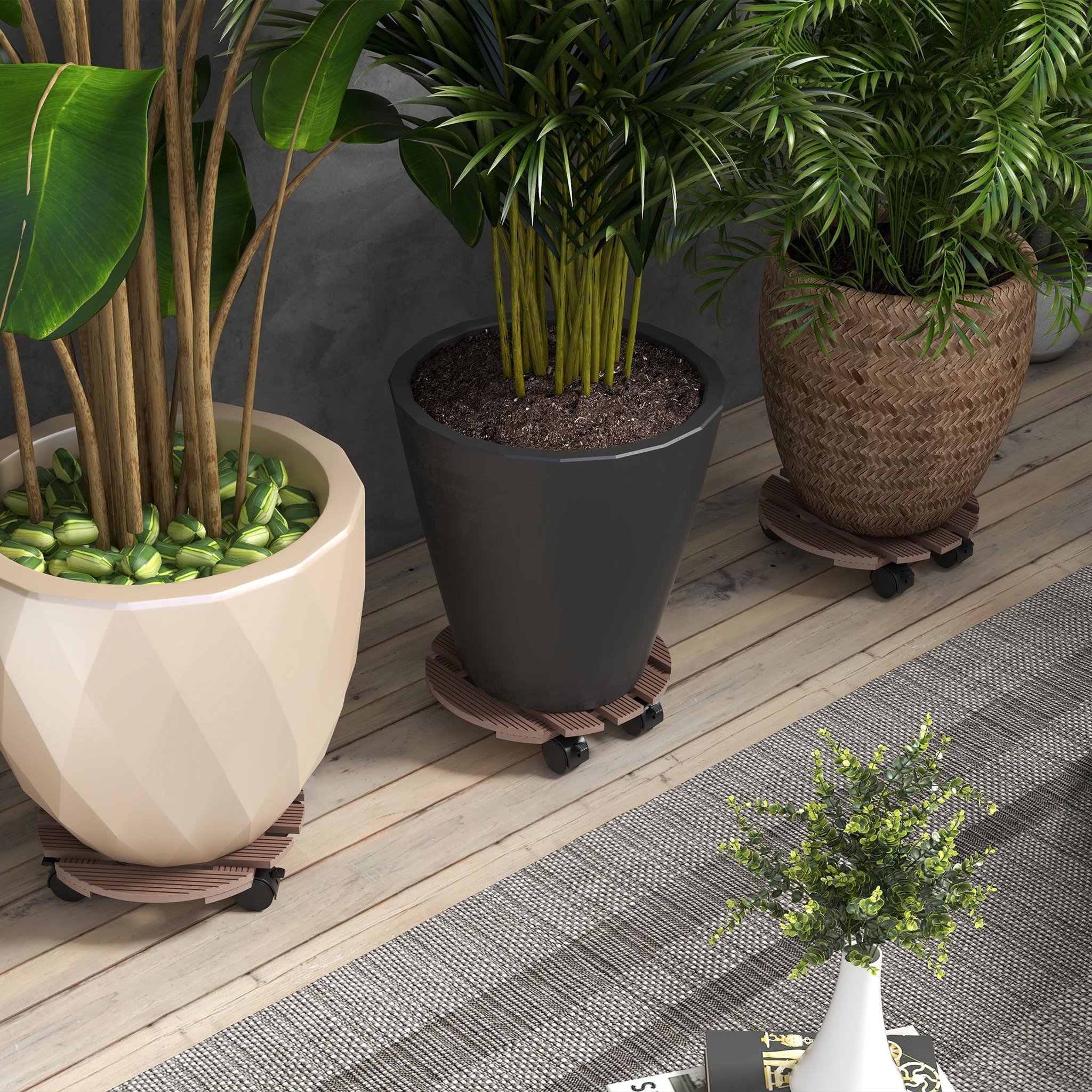 Voir la diapositive 2 : OUTSUNNY Lot de 4 supports ronds pour plantes avec roulettes intérieur extérieur