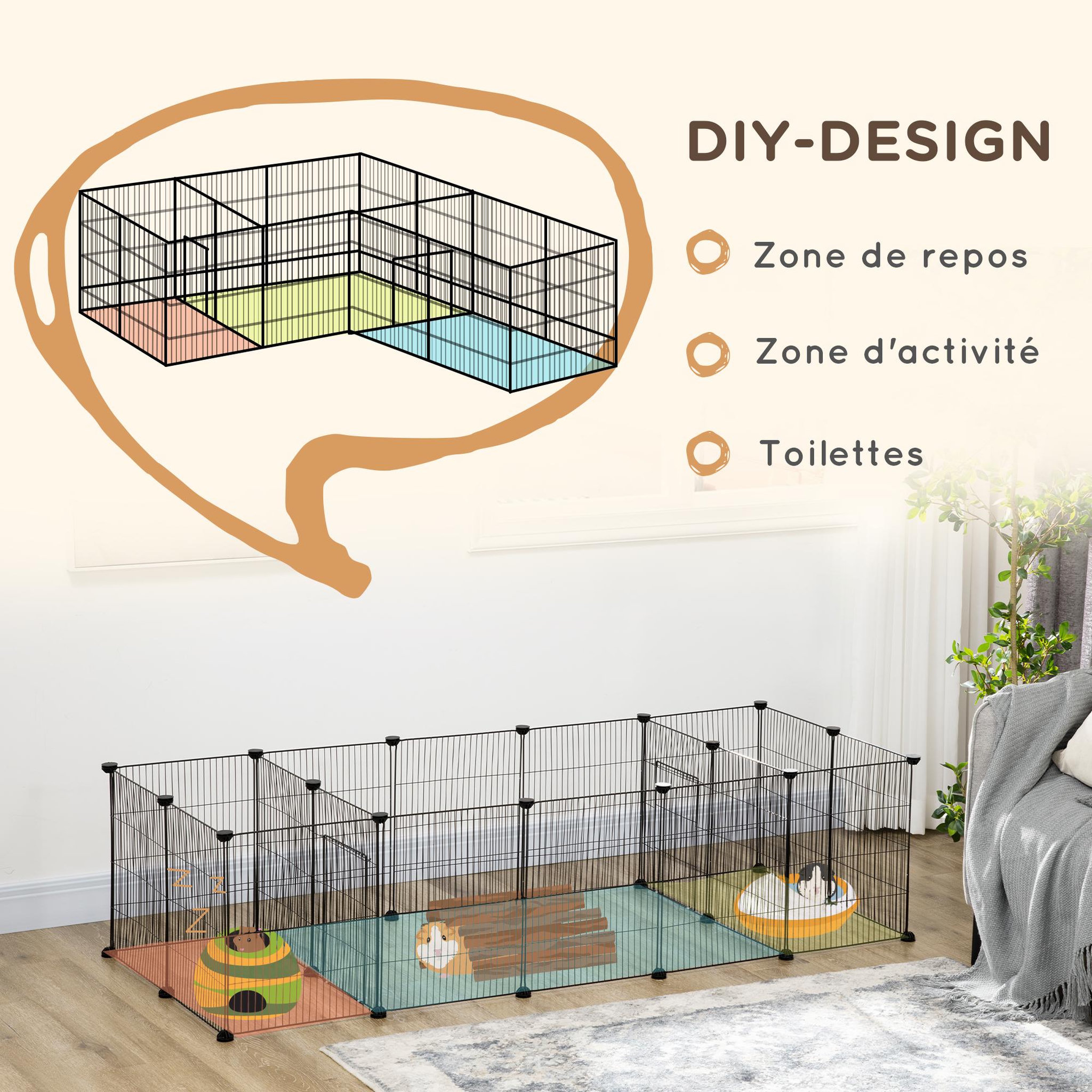 Voir la diapositive 5 : PAWHUT Parc enclos modulable petits animaux lapins rongeurs chiots - 18 panneaux en fil d'acier - 2 portes - 175l x 70l x 45h cm - noir