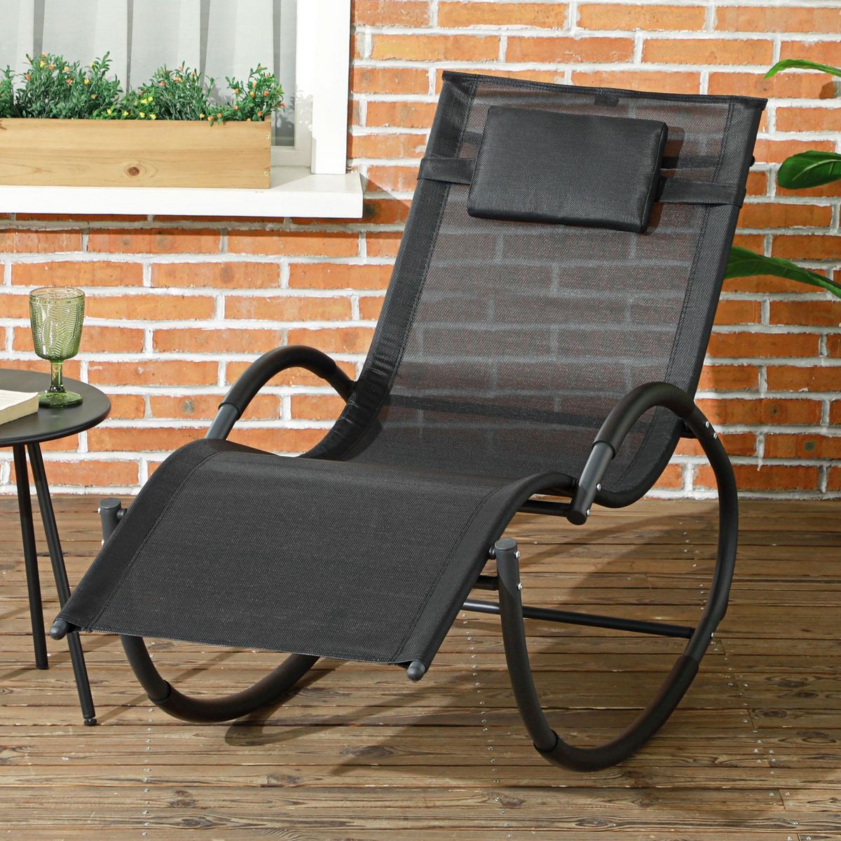 OUTSUNNY Chaise longue à bascule rocking chair design contemporain métal textilène noir