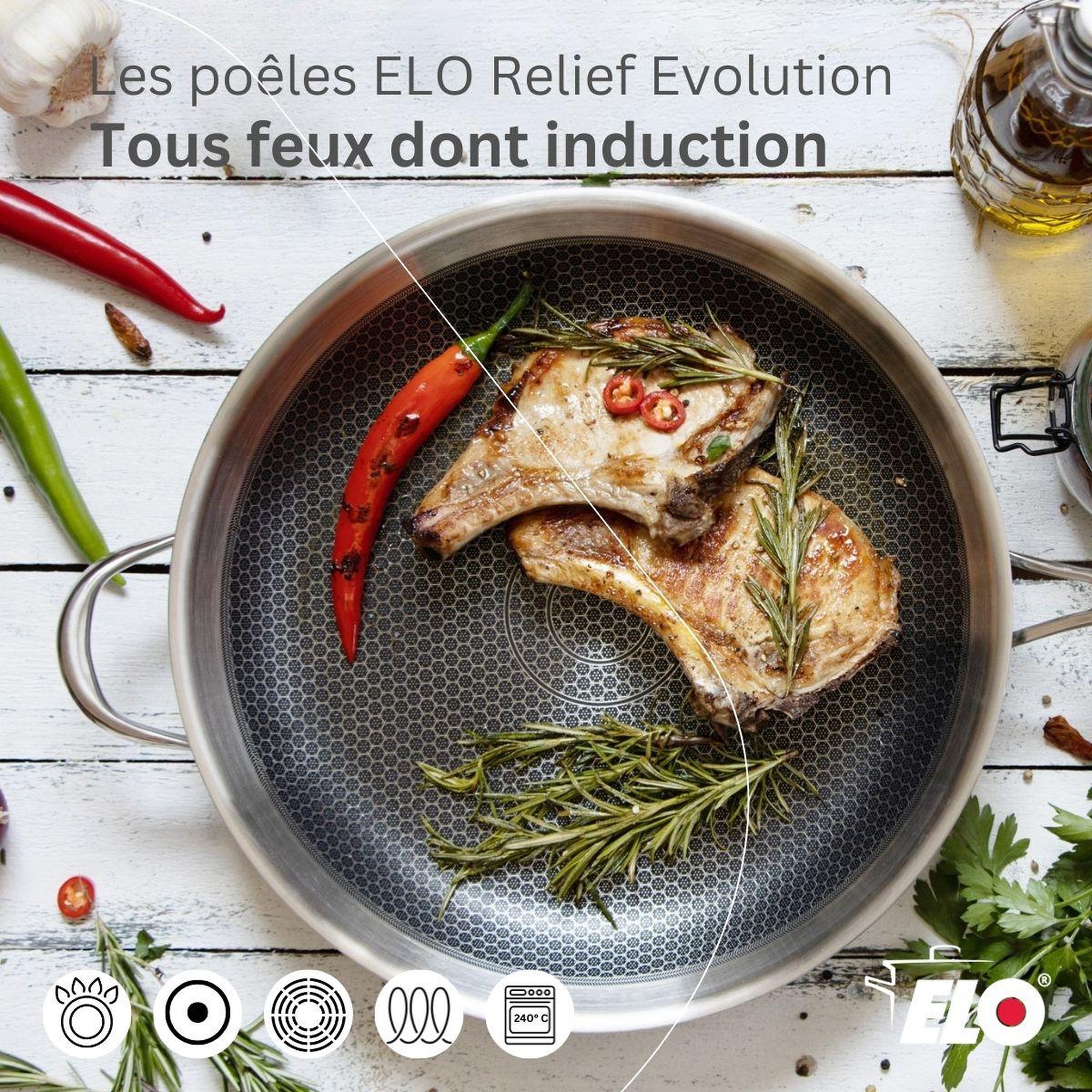 Voir la diapositive 4 : ELO Poêle 32 cm en inox 18/10 elo relief evolution