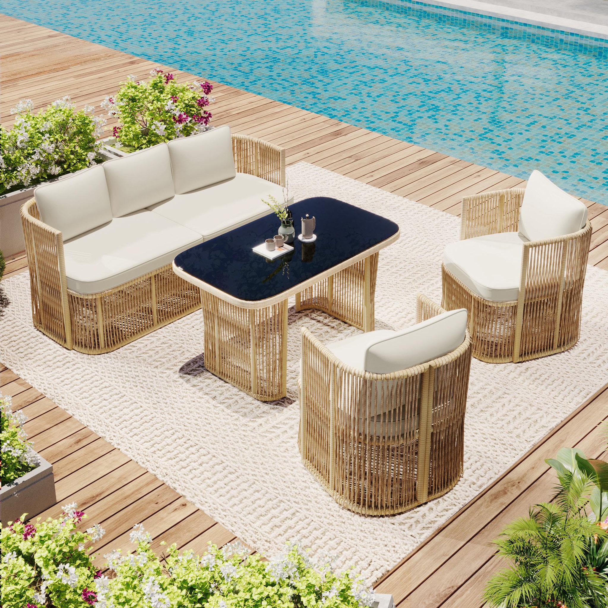 Voir la diapositive 2 : MERAX Salon de jardin 5 places avec canapé 3 places, 2 fauteuils et table verre,beige blanc