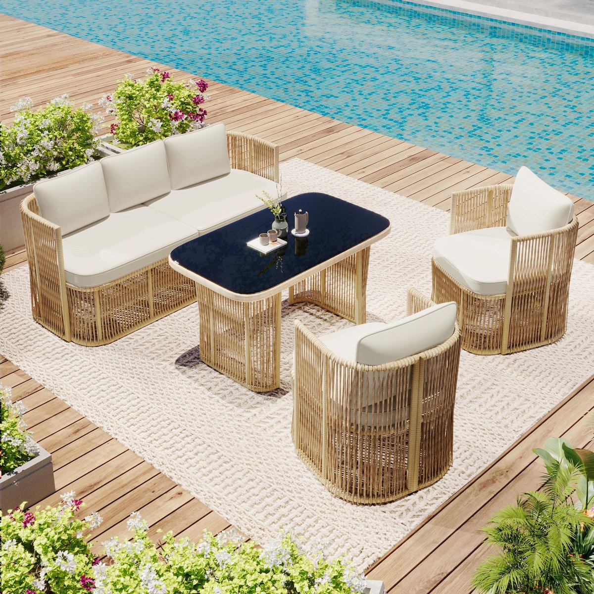 MERAX Salon de jardin 5 places avec canapé 3 places, 2 fauteuils et table verre,beige blanc