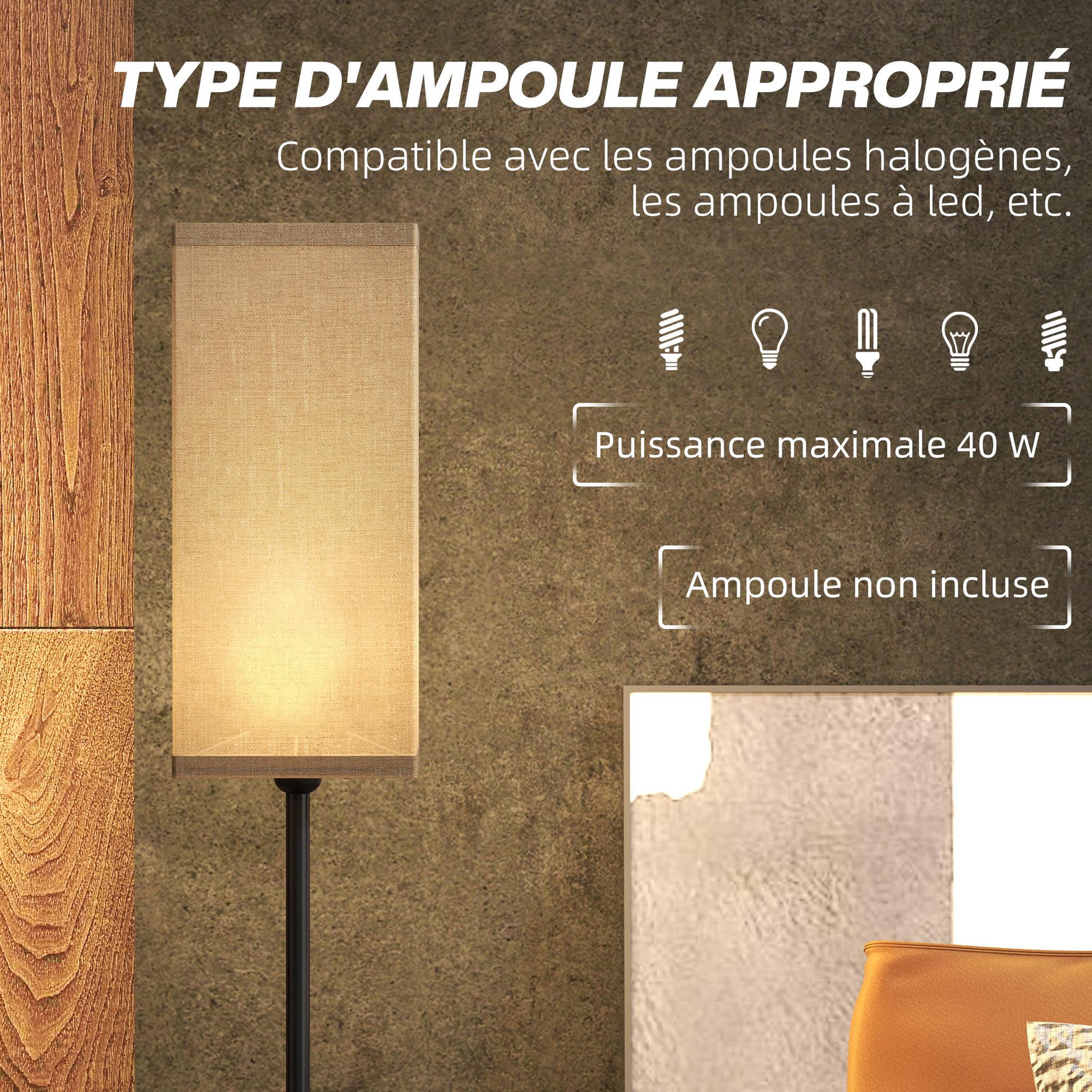 Voir la diapositive 5 : HOMCOM Lampadaire droit style contemporain h.161 cm métal noir abat-jour beige effet lin