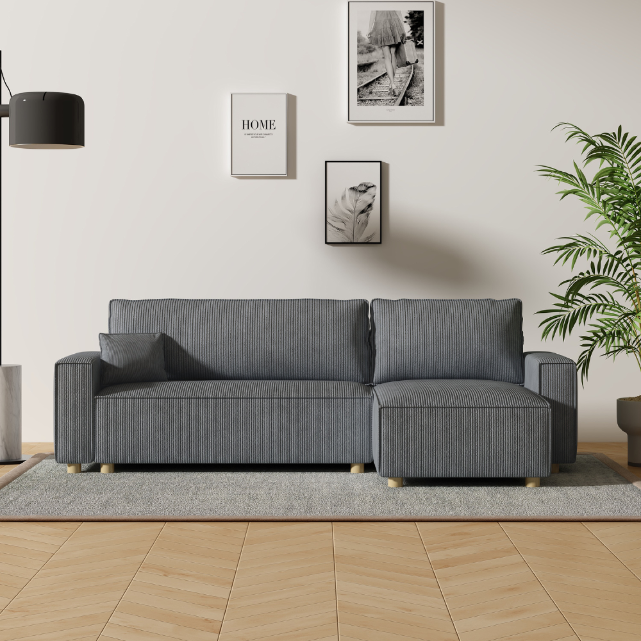 CONCEPT USINE Canapé convertible d'angle réversible 4 places velours côtelé gris COSY