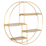 ID MARKET Etagère murale ronde LILY 4 niveaux bois et métal doré design industriel