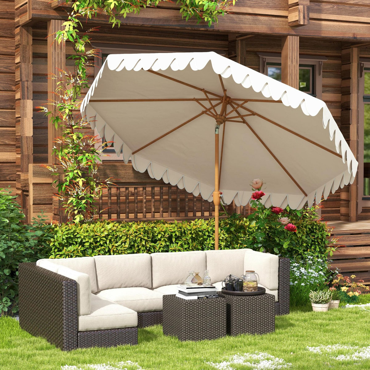 OUTSUNNY Parasol octogonal inclinable Ø 2,64 x 2,4H m mât acier aspect bois polyester haute densité 180 g/m² crème